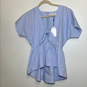 English Factory Light Blue Asymmetrical Tie Front Oxford like  Blouse